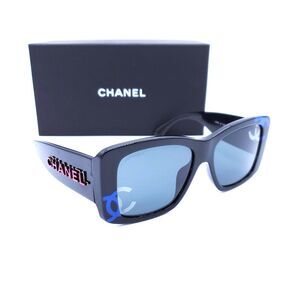 CHANEL Acetate Blue CC Logo Square Sunglasses 71472 Black